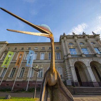Statue eines Dinosauriers vor Museumsgebäude