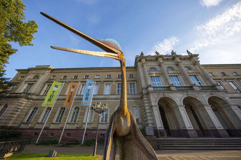 Statue eines Dinosauriers vor Museumsgebäude