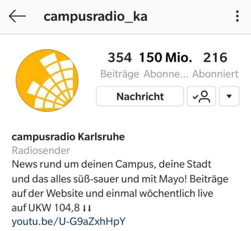 Screenshot des Campusradio-instagram-Profils mit 150 Millionen-Followern (mit Bildbearbeitung)