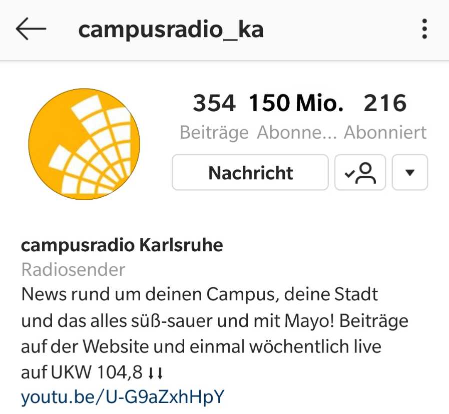 Screenshot des Campusradio-instagram-Profils mit 150 Millionen-Followern (mit Bildbearbeitung)