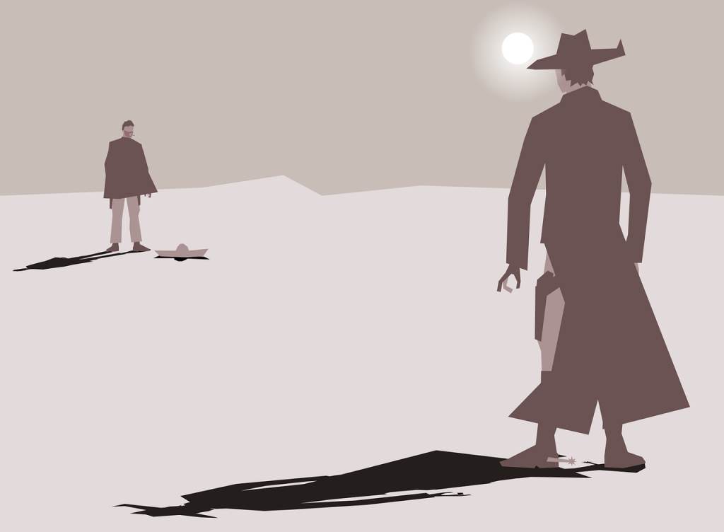 Cartoon mit zwei Männern, die sich in der Wüste gegenüber stehen