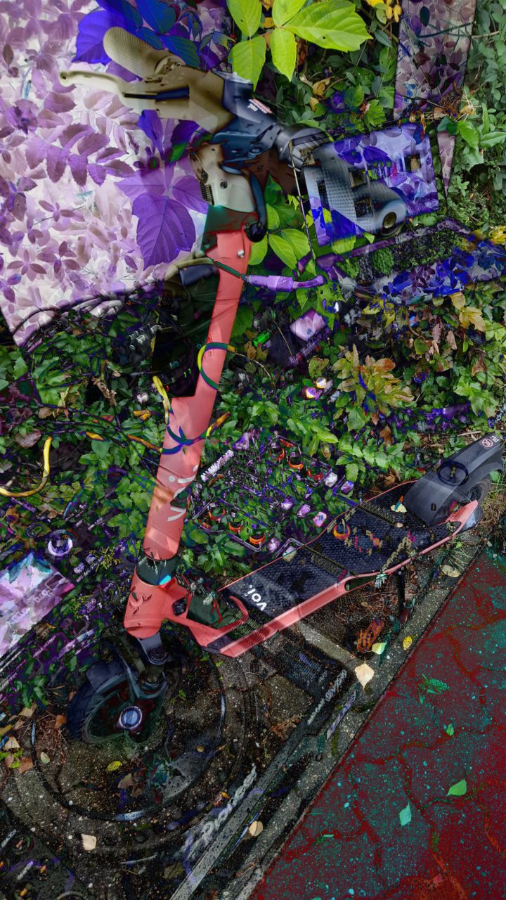 Bild-Collage mit Elektro-Roller, Blättern und Blumen