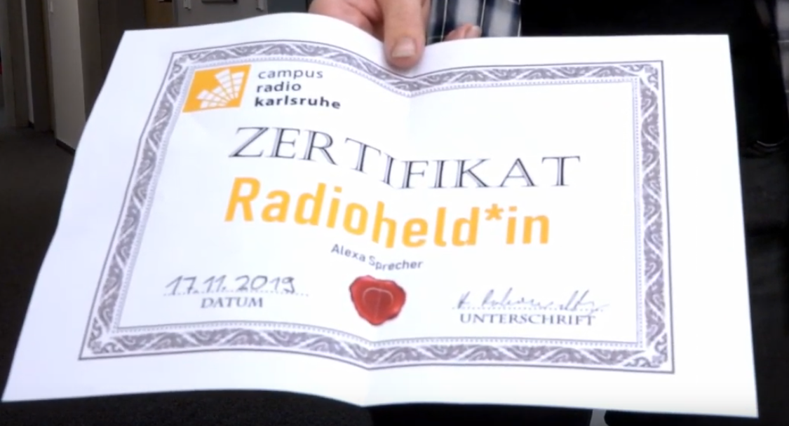 Ausdruck mit Aufschrift "Zertifikat Radioheld*in"