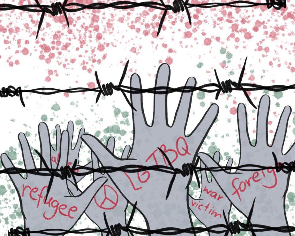 Illustration von Händen hinter Stacheldrahtzaun