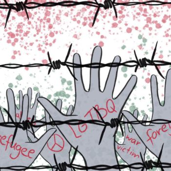 Illustration von Händen hinter Stacheldrahtzaun